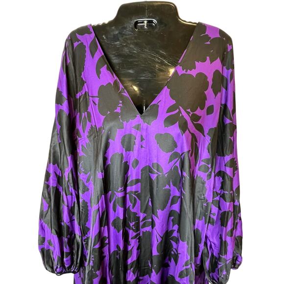 Delfi Collective XL Leah Printed Babydoll Maxi Dress Purple Black Silk Pockets - Picture 3 of 8